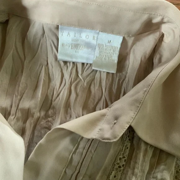Vintage Tailor B Moss Beige/Tan Button Down Sheer Blouse with Lace Boho Medium - Picture 7 of 10